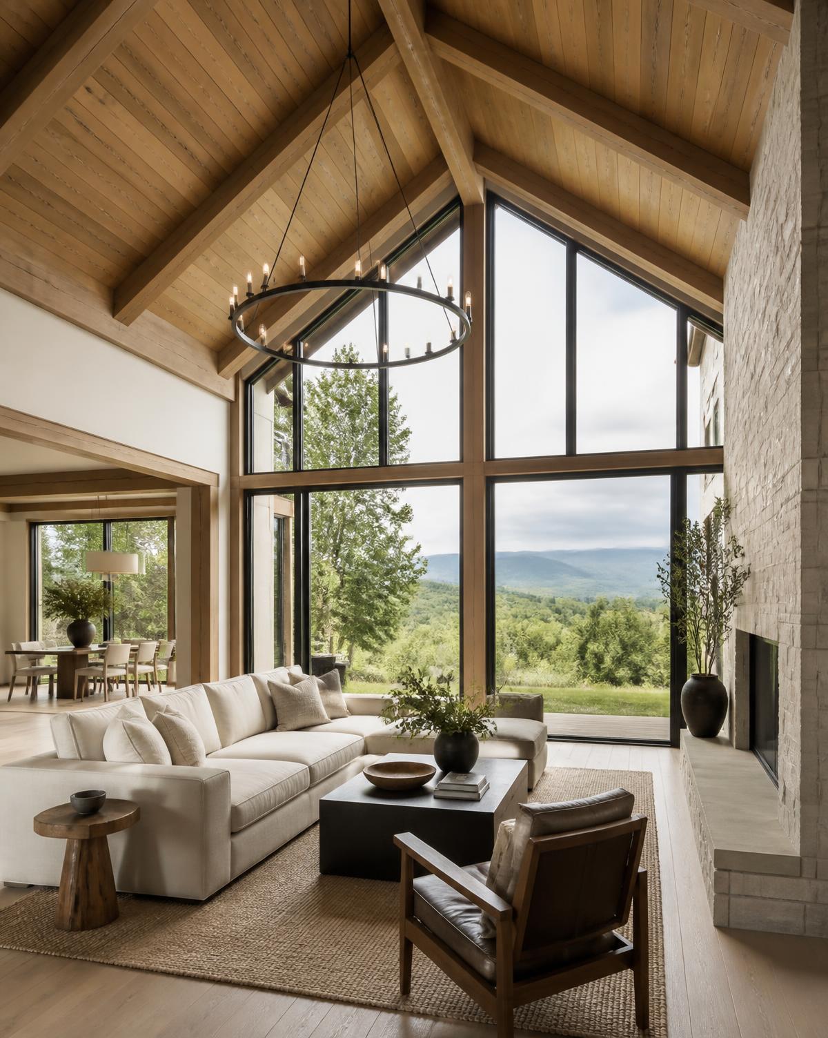 Great room with vaulted white oak ceiling and floor-to-ceiling windows