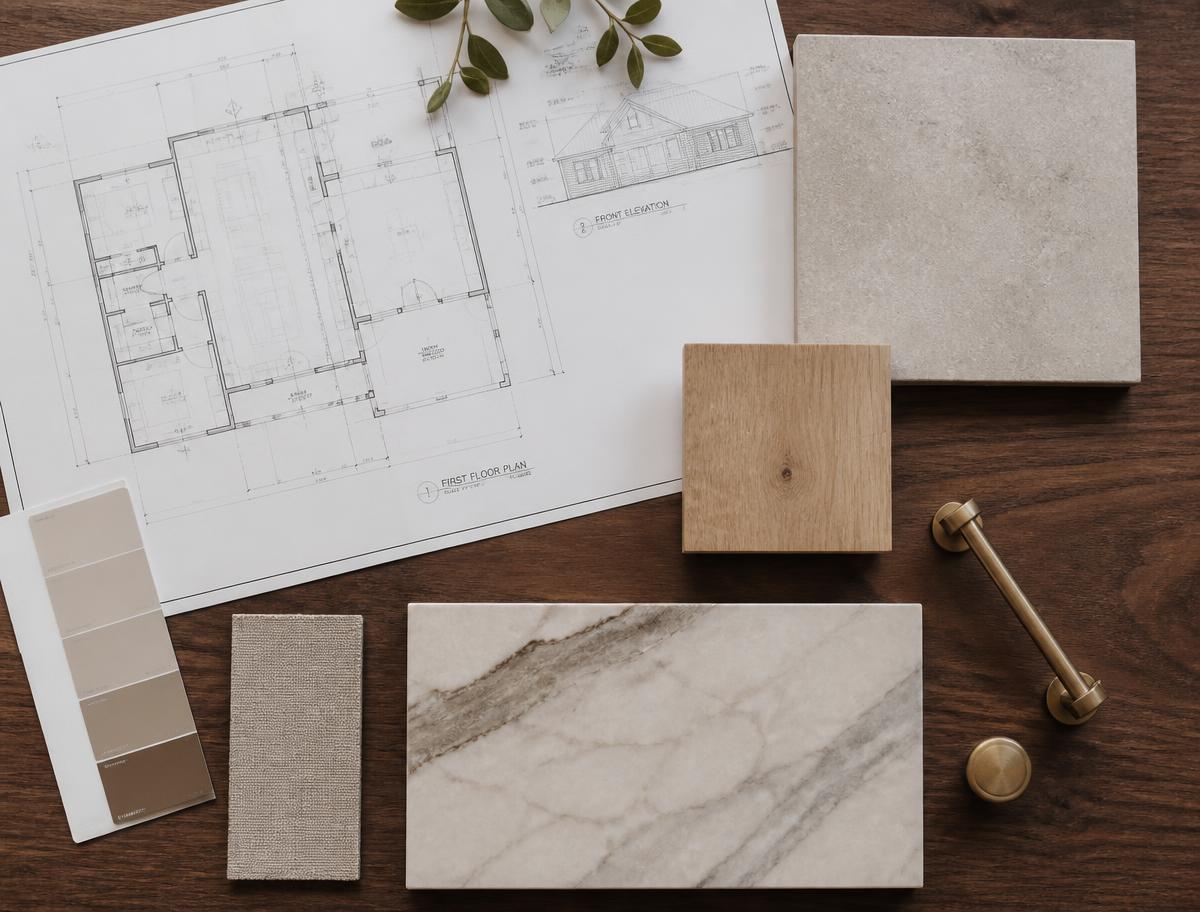 Architectural drawings with stone, oak and brass material samples